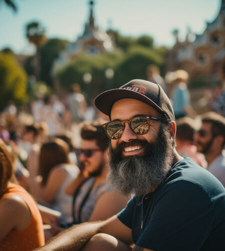Cheerful Bearded Man with Sunglasses at Outdoor Event Cheerful Bearded Man with Sunglasses at Outdoor Event