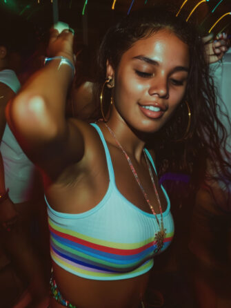 Vibrant Dance Floor Reverie direct flash photography photo taken on an iPhone of a bad Latina girl dancing at a nightclub, grainy low quality, noise --ar 16:9 --style raw Job ID: 2a004082-f420-4721-8d28-42d6a341de6d