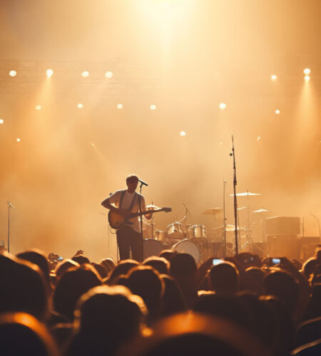 Generated by OkiDokiBot.com Blurred bokeh lights at music festival with live band and lively crowd dancing and singing along