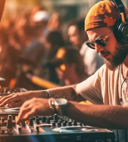 DJ is mixing music with deejay controller at outdoor summer pool or beach party - nightlife people lifestyle concept DJ is mixing music with deejay controller at outdoor summer pool or beach party - nightlife people lifestyle concept